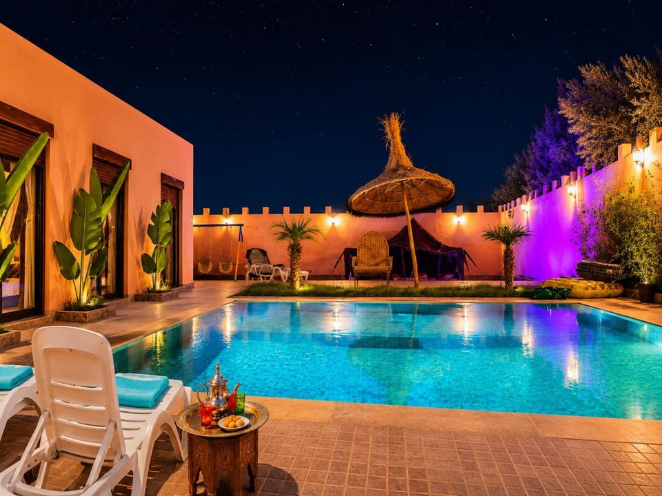 Patio, Night, Natural landscape, Pool view, Swimming pool, sunbed
