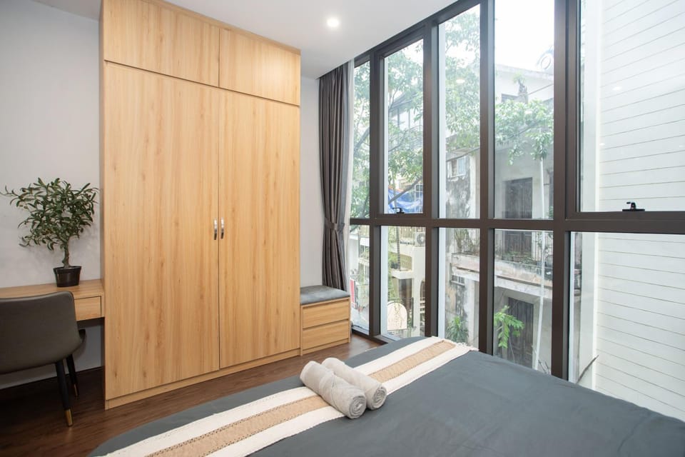Bed, wardrobe