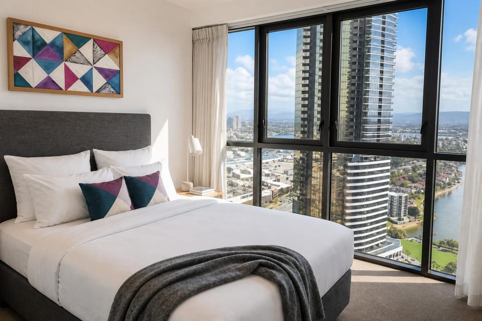 Bed, Bedroom, City view
