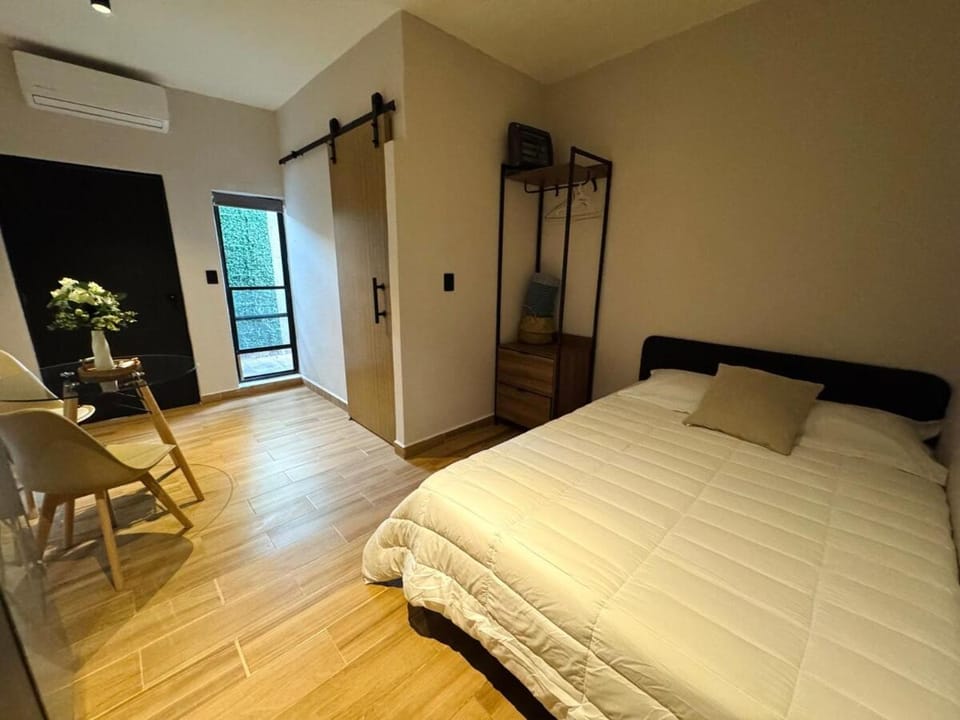 Bed, wardrobe