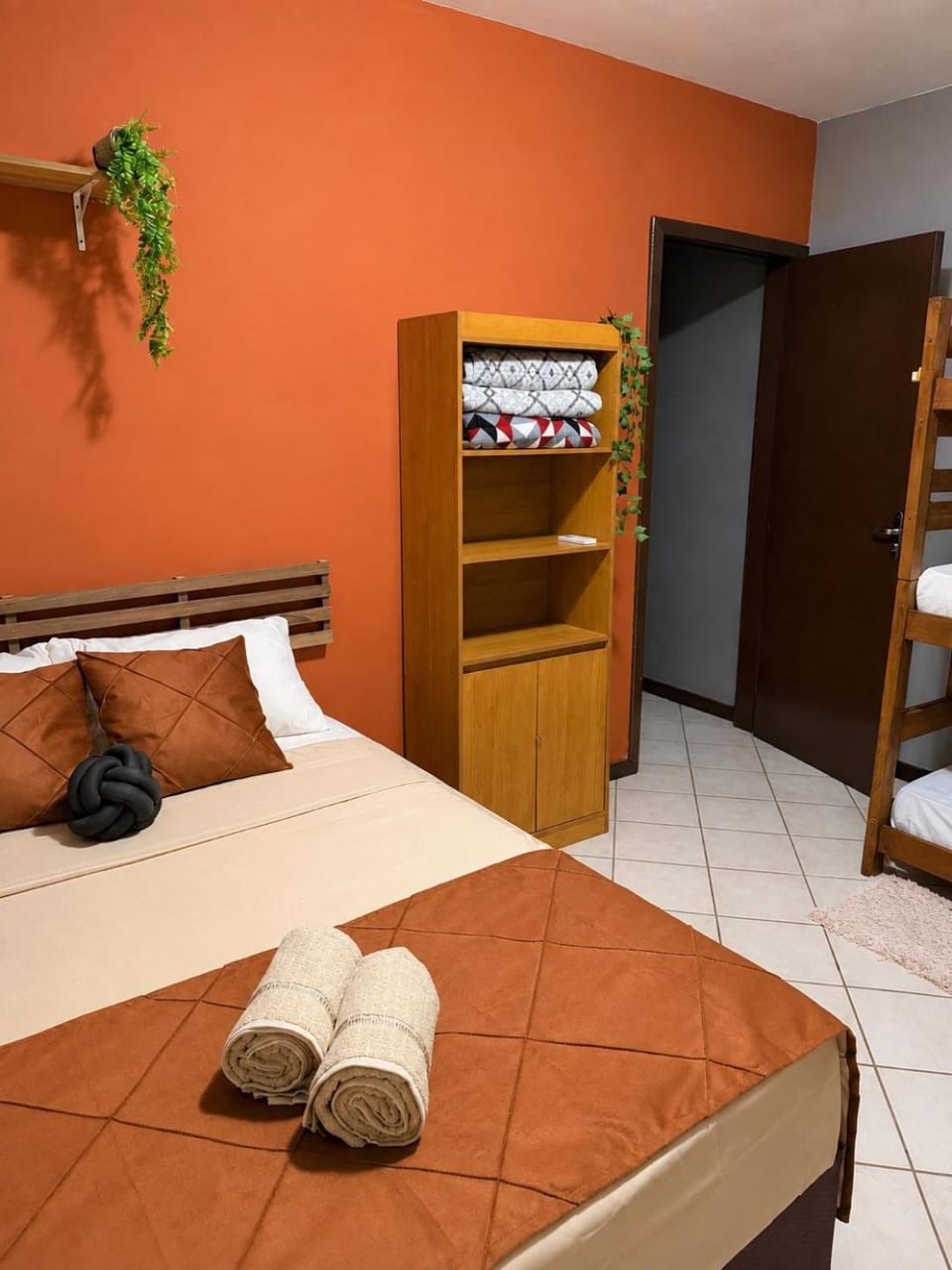 Bed, Photo of the whole room, Bedroom, bunk bed, towels, wardrobe