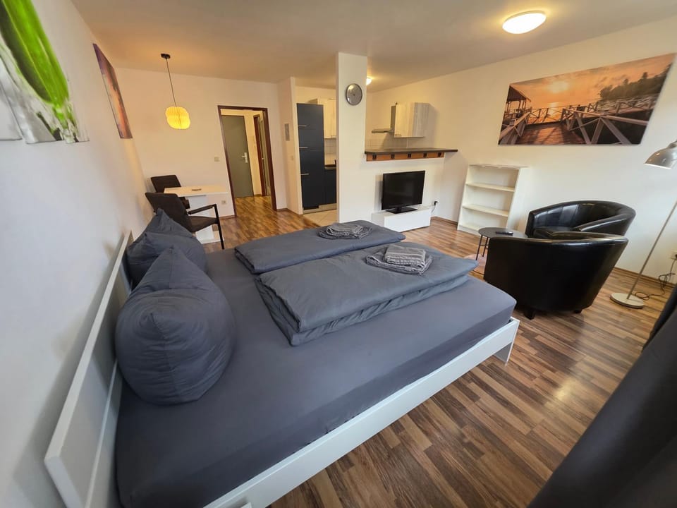 Bed, TV and multimedia, Living room, Photo of the whole room, Seating area, Bedroom