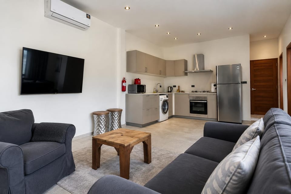 Communal lounge/ TV room, TV and multimedia, Kitchen or kitchenette, Living room, Seating area, Dining area, Evening entertainment, oven, stove, air conditioner