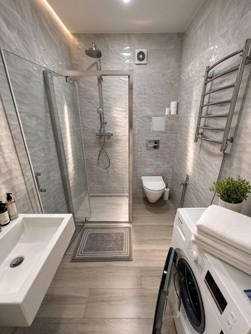 Shower, Toilet, towels, washing machine, dryer