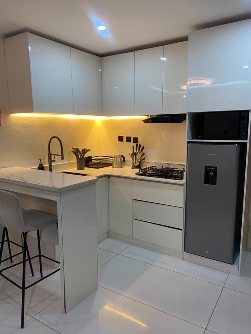 Kitchen or kitchenette, stove