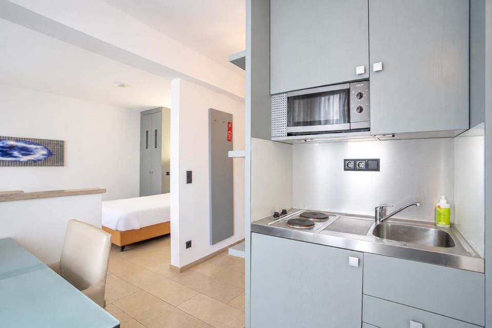 Bed, Kitchen or kitchenette, Photo of the whole room, microwave, stove