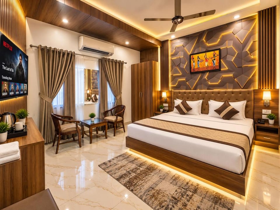Property building, Bed, BBQ facilities, Hot Tub, TV and multimedia, Coffee/tea facilities, View (from property/room), Balcony/Terrace, Kitchen or kitchenette, Living room, Photo of the whole room, Seating area, Dining area, Bedroom, City view, Garden view, Landmark view, Quiet street view, air conditioner