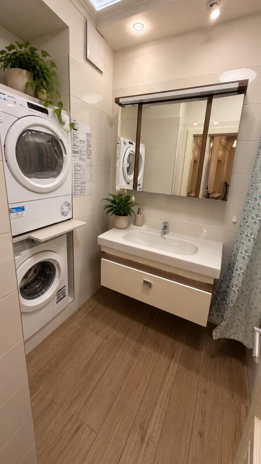 Bathroom, washing machine, dryer