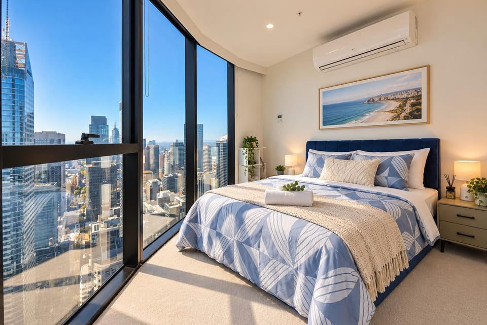 Bed, View (from property/room), Photo of the whole room, Bedroom, City view, towels, air conditioner