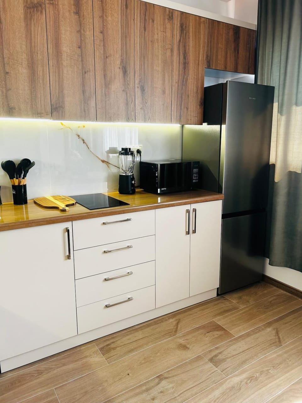 Kitchen or kitchenette, stove
