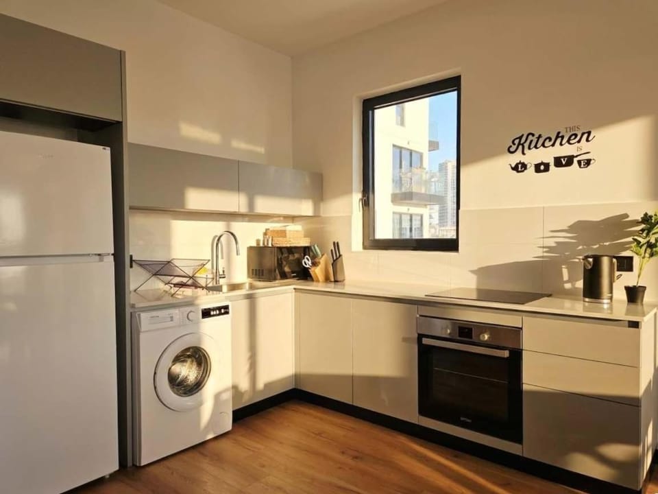 Kitchen or kitchenette, dishwasher, oven, stove, toaster, washing machine