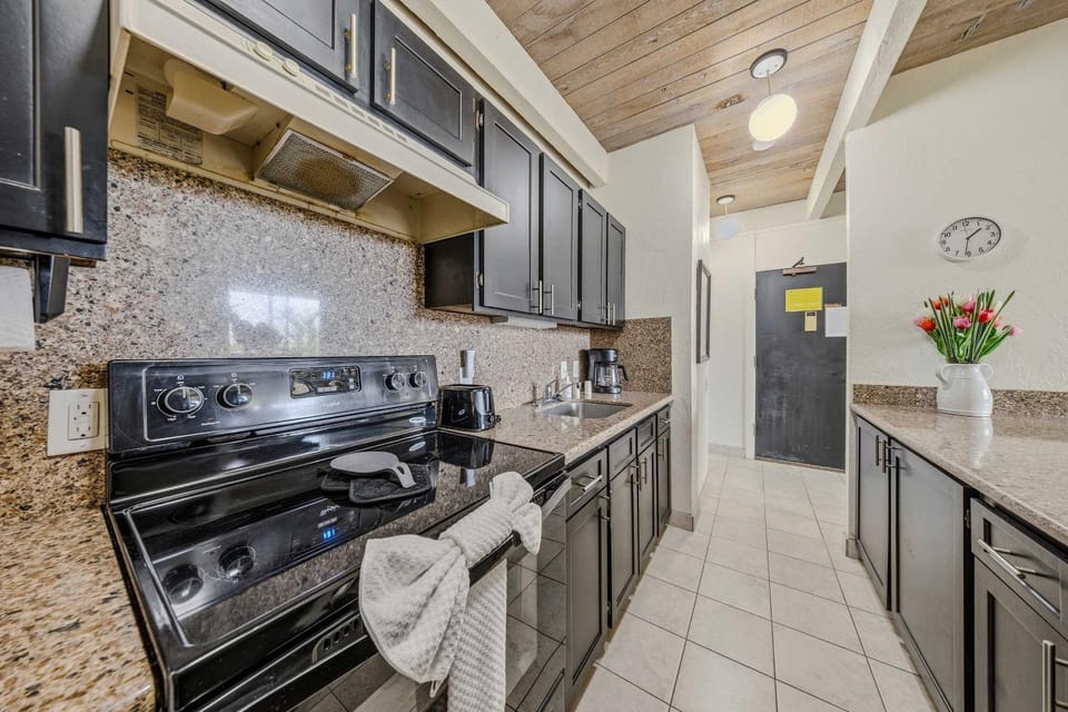 Kitchen or kitchenette, oven, stove, toaster