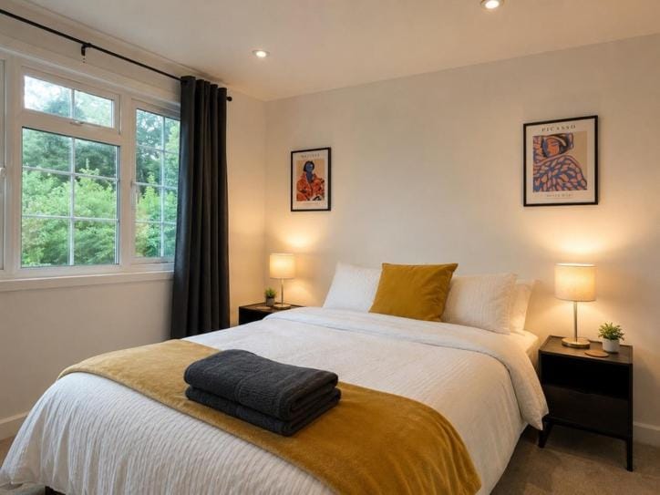 Bed, Photo of the whole room, Bedroom, towels
