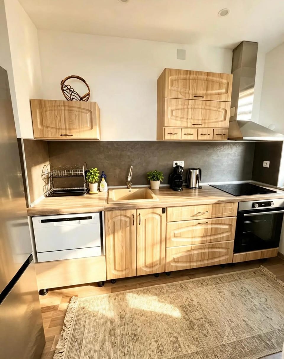 Kitchen or kitchenette, dishwasher, oven, stove