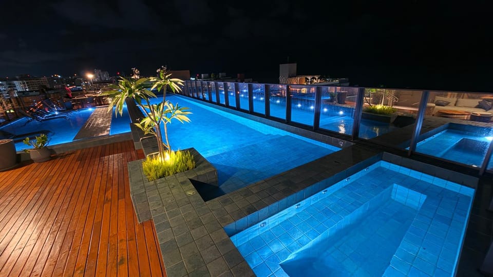 Night, Pool view, Swimming pool, Swimming pool