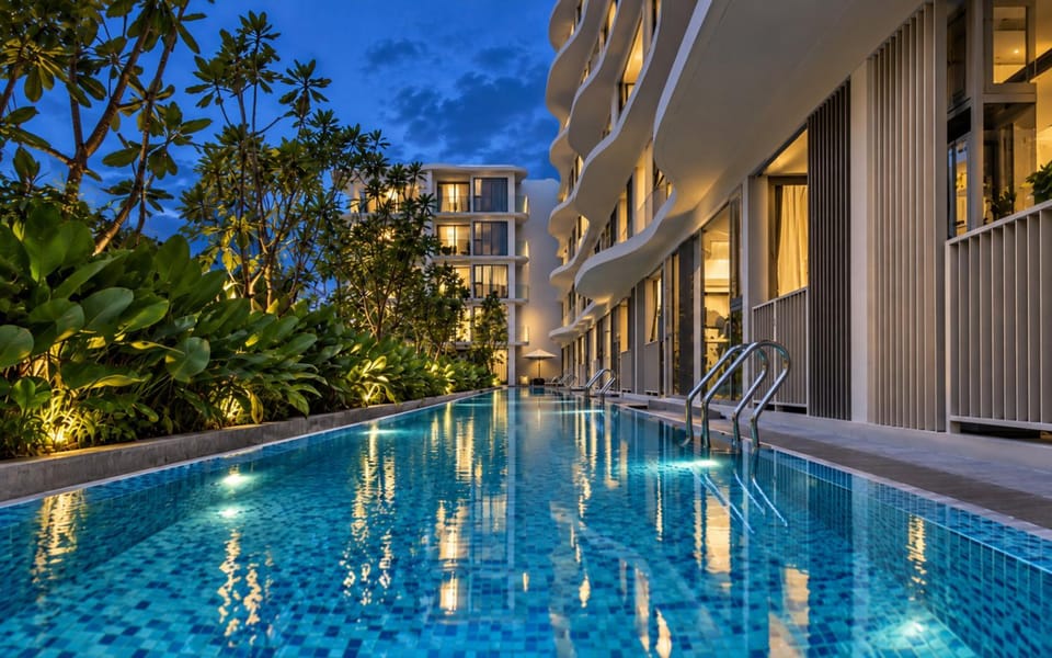 Night, Pool view, Swimming pool