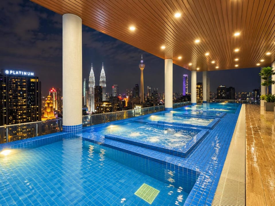 Night, Pool view, Swimming pool