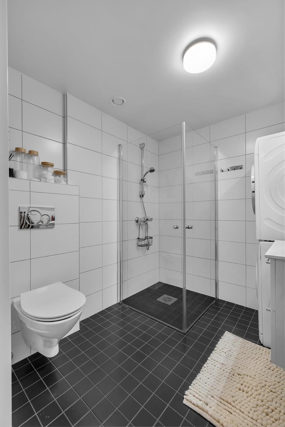 Shower, Toilet, Bathroom, towels, washing machine, dryer