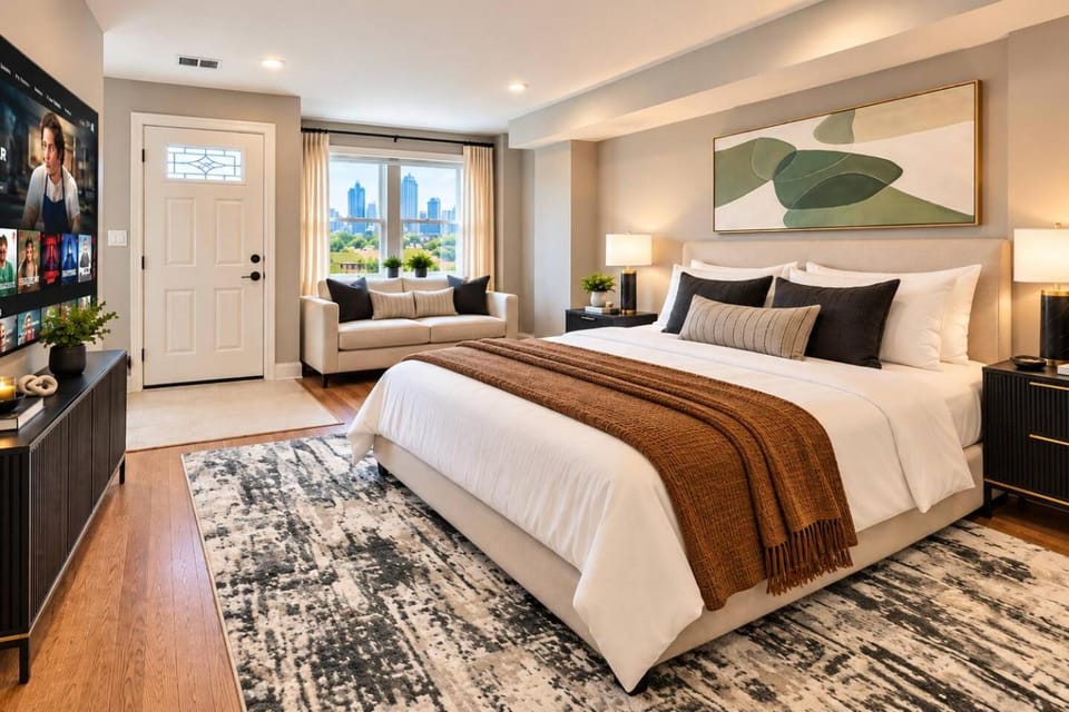 Bed, TV and multimedia, Seating area, Bedroom, City view