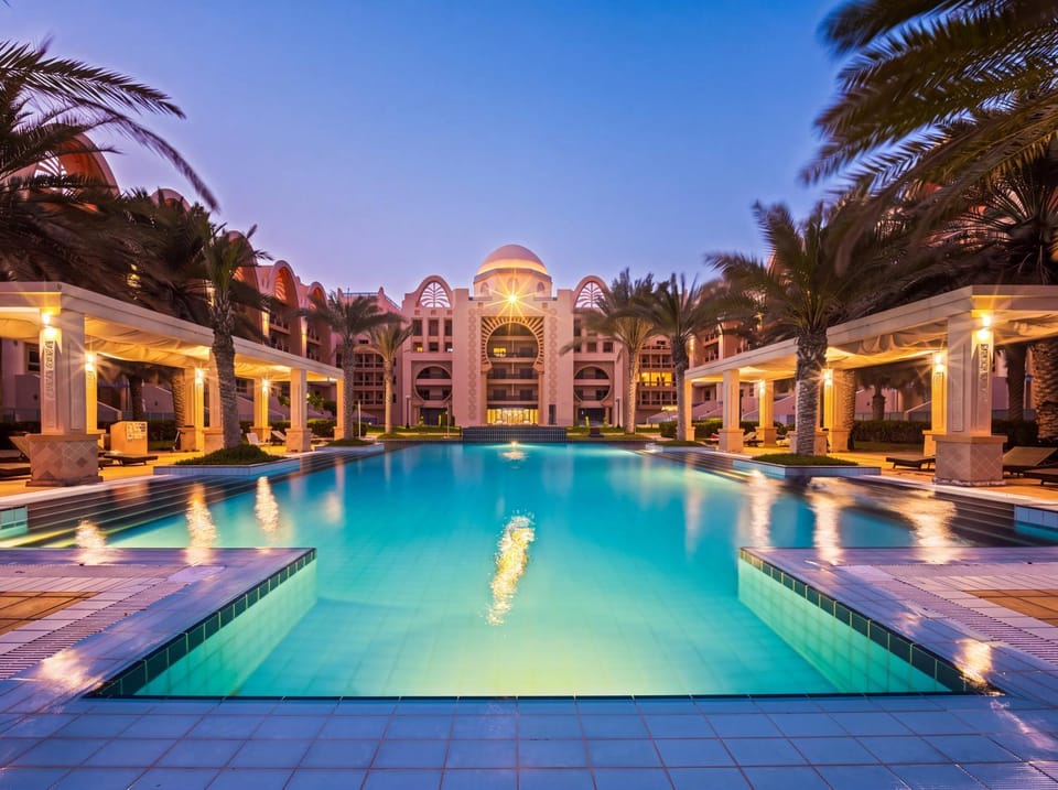Property building, Night, Pool view, Swimming pool, sunbed