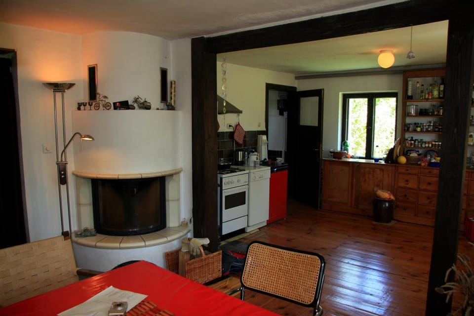 Living room, fireplace, kitchen