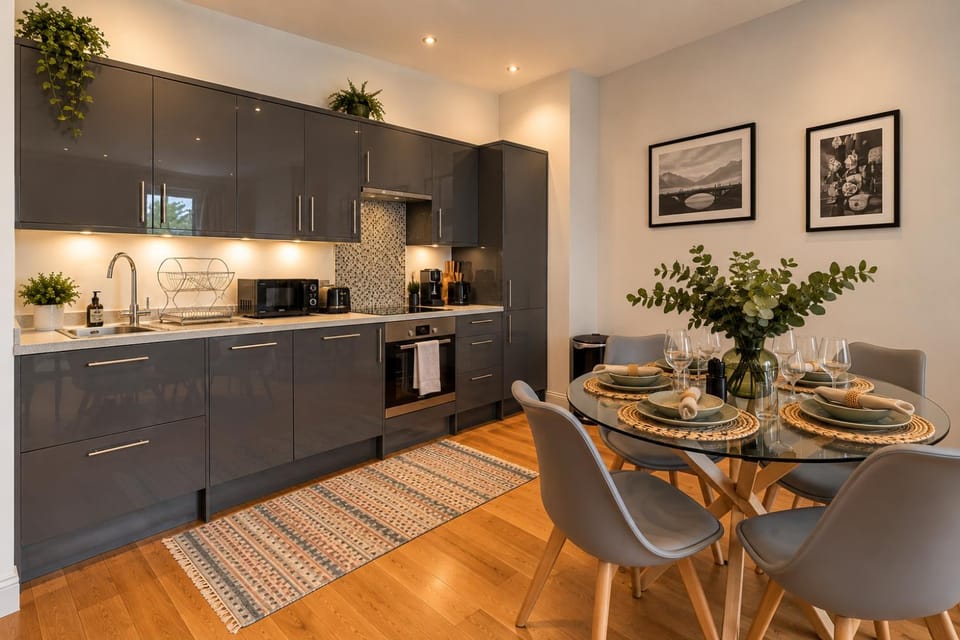 Coffee/tea facilities, Kitchen or kitchenette, Dining area, dishwasher, oven, stove, toaster