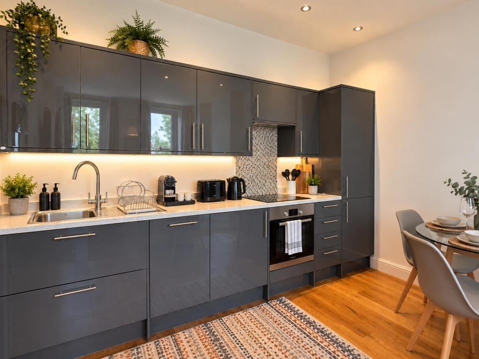 Coffee/tea facilities, Kitchen or kitchenette, dishwasher, oven, stove, toaster