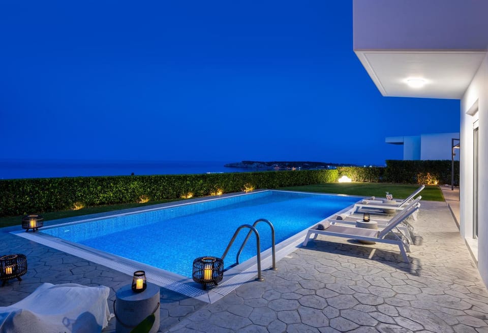 Patio, Night, Natural landscape, Pool view, Swimming pool, sunbed