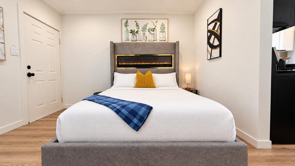 Bed, Living room, Photo of the whole room, Seating area, Bedroom, fireplace