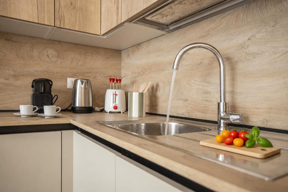 Kitchen or kitchenette, stove