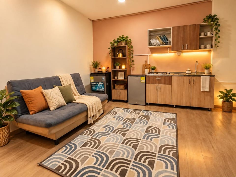 Kitchen or kitchenette, Living room, minibar, oven, stove