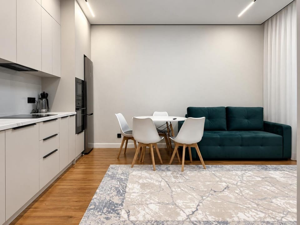 Kitchen or kitchenette, Living room, Seating area, Dining area