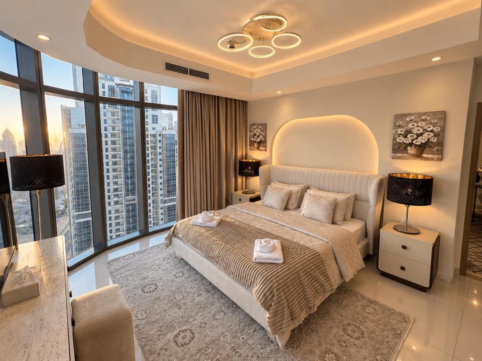 Bed, Bedroom, City view, wardrobe