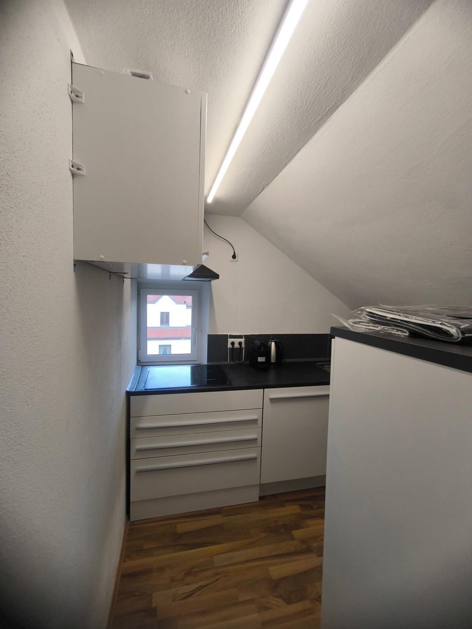 Kitchen or kitchenette, stove