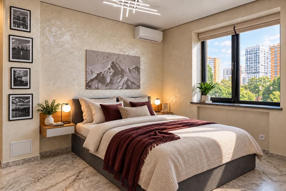Bed, Photo of the whole room, Bedroom, City view, air conditioner