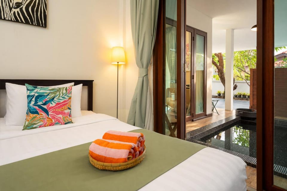 Patio, Bed, Bedroom, Swimming pool, Inner courtyard view