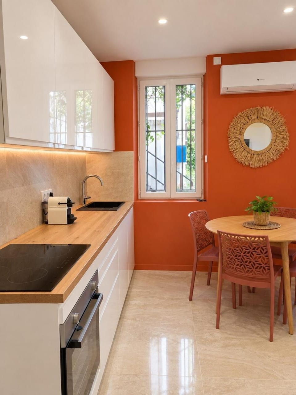 Dining area, oven, stove, toaster, air conditioner