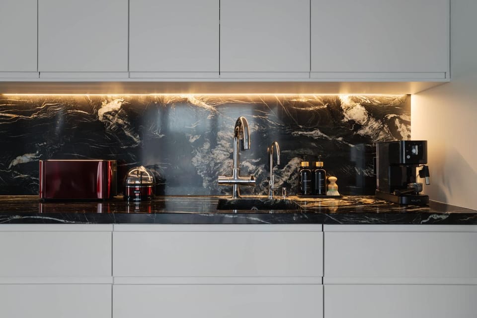 Kitchen or kitchenette, stove