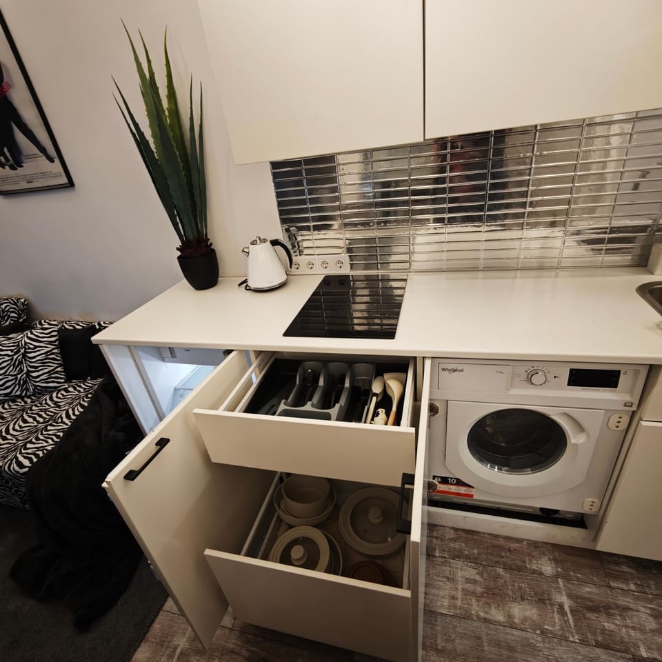 Kitchen or kitchenette, stove, washing machine, dryer