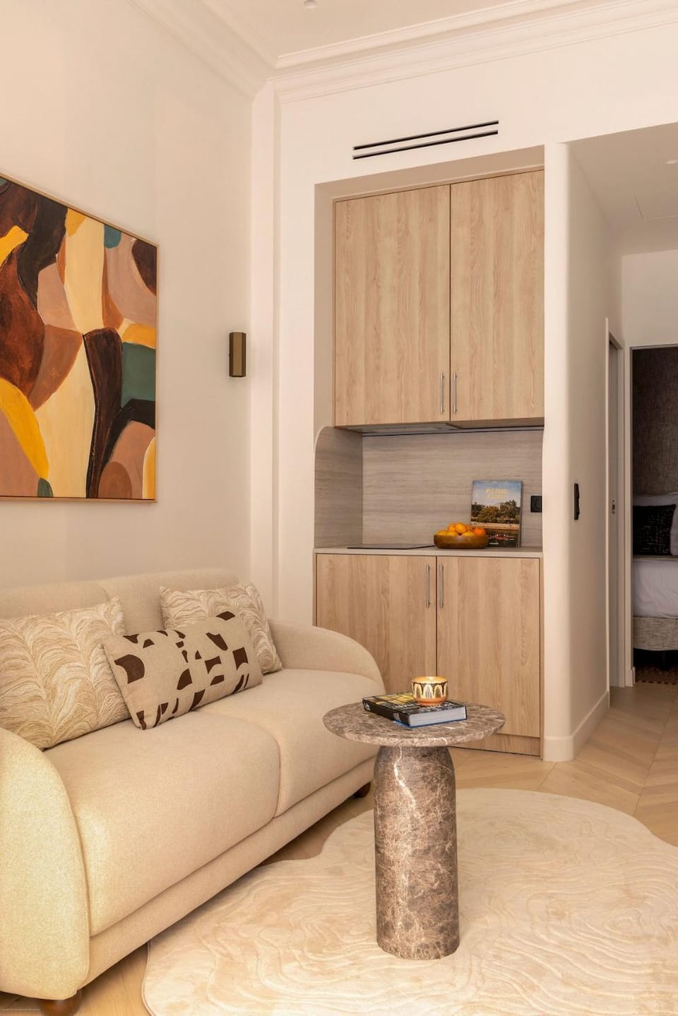 Kitchen or kitchenette, Living room, Seating area, air conditioner