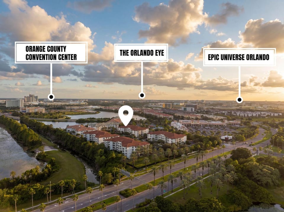 Nearby landmark, Bird's eye view, Text overlay