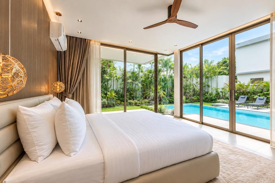 Bed, Day, Photo of the whole room, Bedroom, Pool view, Swimming pool, sunbed