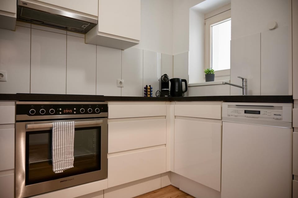 Kitchen or kitchenette, dishwasher, oven, stove