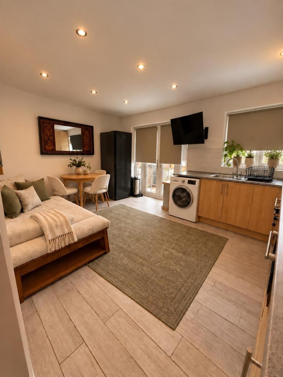 Bed, TV and multimedia, Kitchen or kitchenette, Living room, Photo of the whole room, Seating area, washing machine, dryer