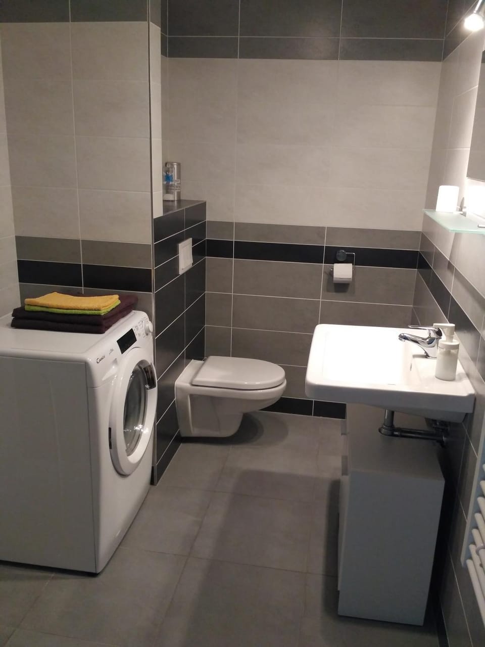 Toilet, towels, washing machine