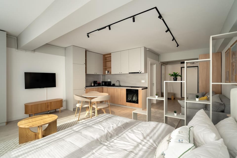 Bed, TV and multimedia, Kitchen or kitchenette, Living room, Photo of the whole room, Seating area, Dining area
