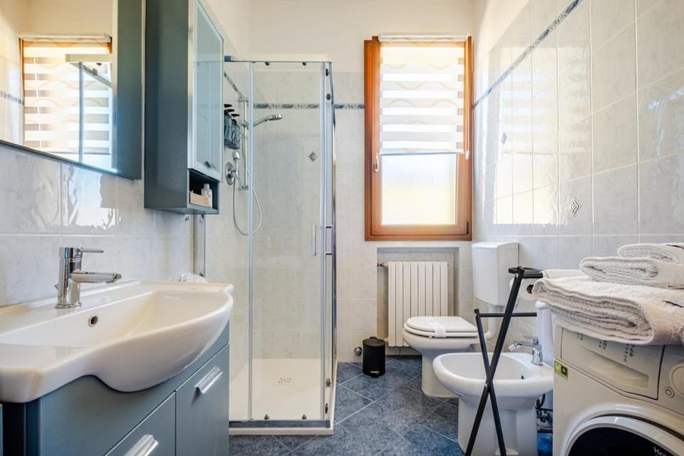 Shower, Toilet, Bathroom, bidet, towels, washing machine
