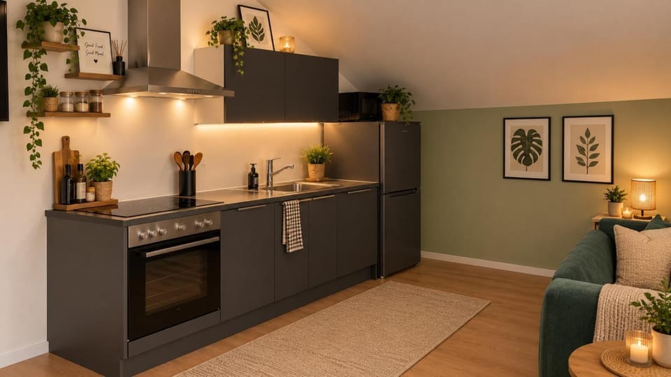Kitchen or kitchenette, stove
