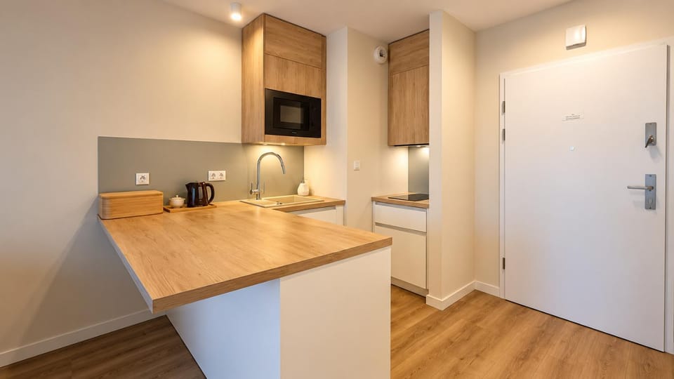 Kitchen or kitchenette, stove