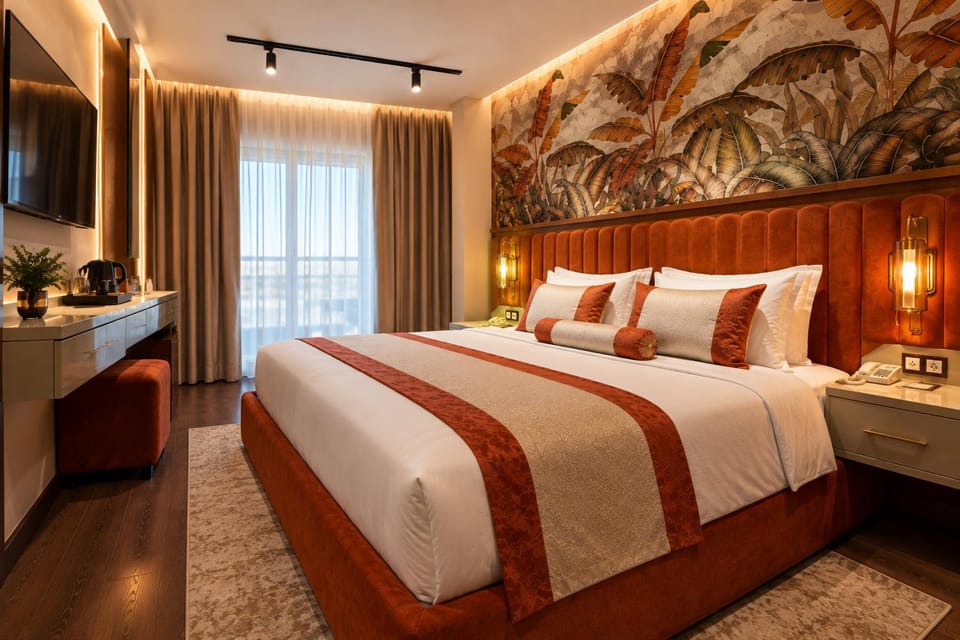 Bed, TV and multimedia, Food and drinks, Photo of the whole room, Decorative detail, Bedroom